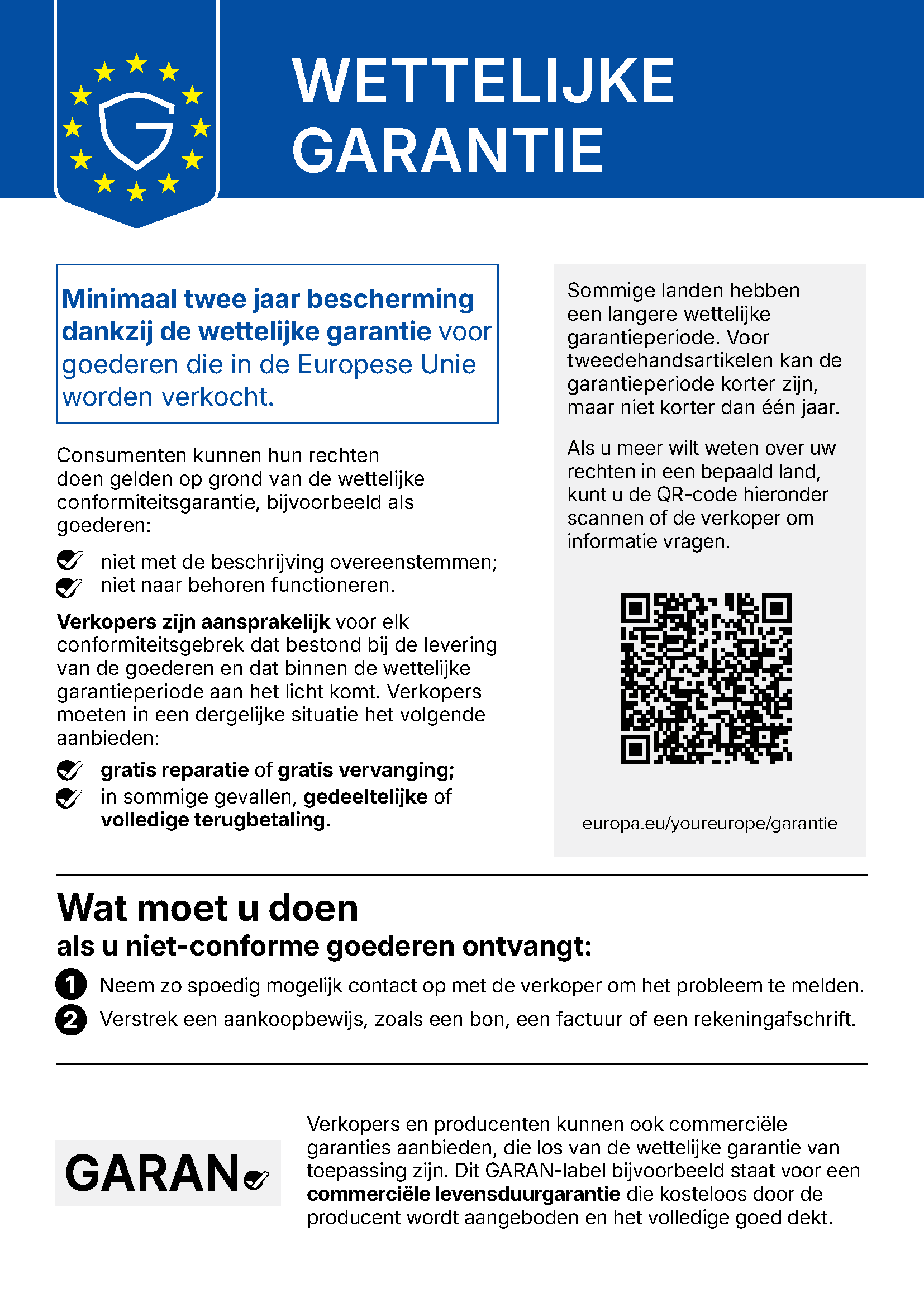 Gesetzliche Gewährleistung – Verbraucherrechte in der EU EU-Hinweis zur gesetzlichen Gewährleistung mit Verbraucherrechten und QR-Code