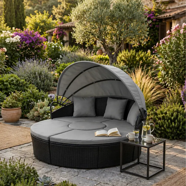 Een rond, donker zonnestoeltje met een grijze kap in een bloeiende tuin.