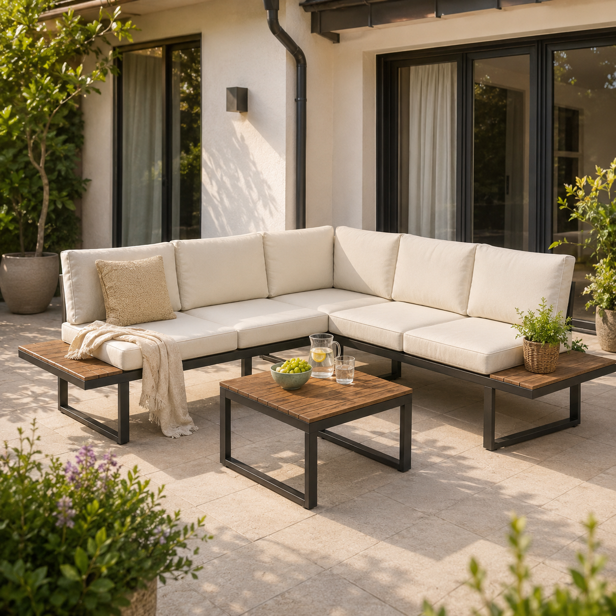 Lichte tuinlounge met salontafel op een zonnig terras