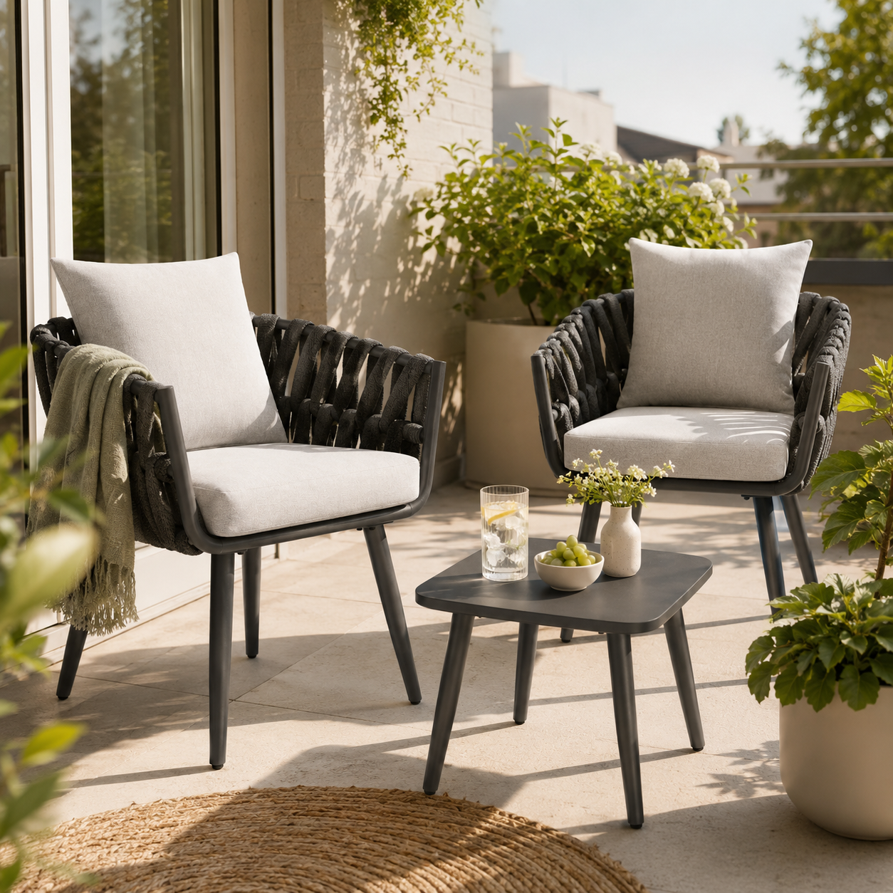 Twee zwarte tuinstoelen met lichte kussens en bijzettafel