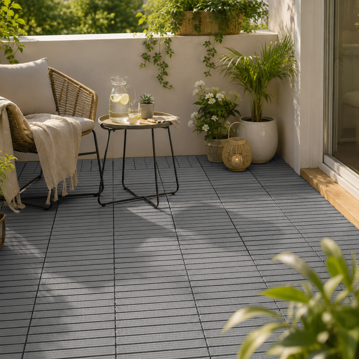 Balkon met grijze vloertegels, planten en kleine tuintafel