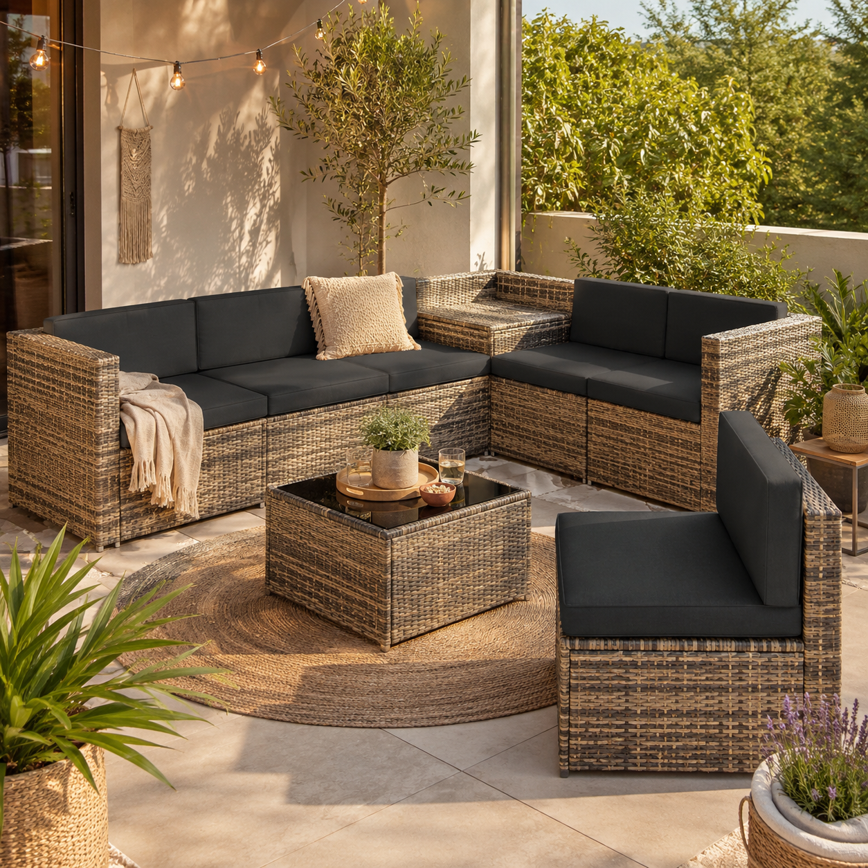 Rattan loungeset met tafel en grijze kussens op een terras