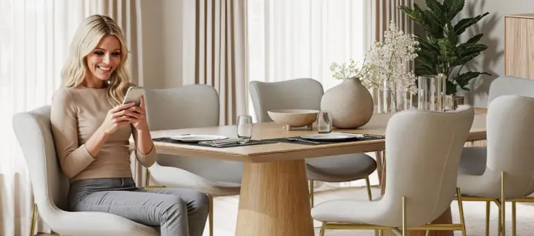 Inspiration salle à manger moderne – style naturel et confort avec tectake Femme souriante assise à une table à manger moderne en bois clair – ambiance chaleureuse avec chaises design et buffet tectake