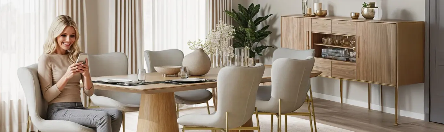 Ontdek moderne eetkamermeubels voor jouw huis – stijlvol en comfortabel met tectake Vrouw zit ontspannen aan een stijlvol ingerichte eettafel – moderne eetkamerinspiratie met meubels van tectake