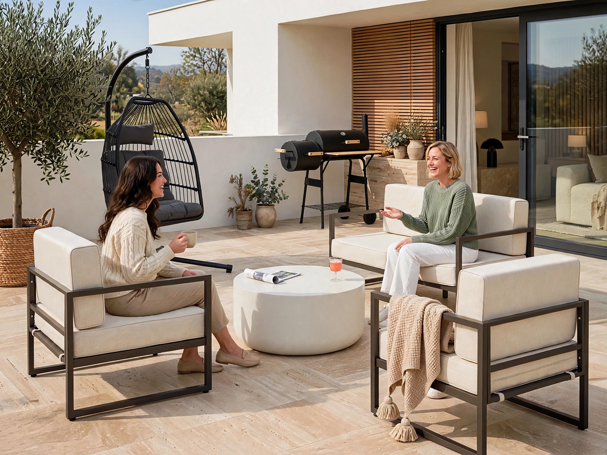 Modern terras met tuinmeubilair, hangstoel en barbecue