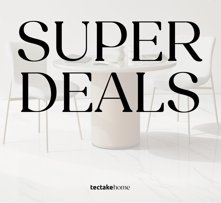 Visuel promotionnel tectake avec une salle à manger moderne et le texte "SUPERDEALS tectake home"
