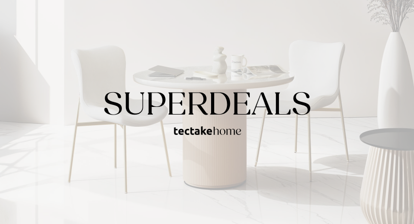 Visuel promotionnel tectake avec une salle à manger moderne et le texte "SUPERDEALS tectake home"